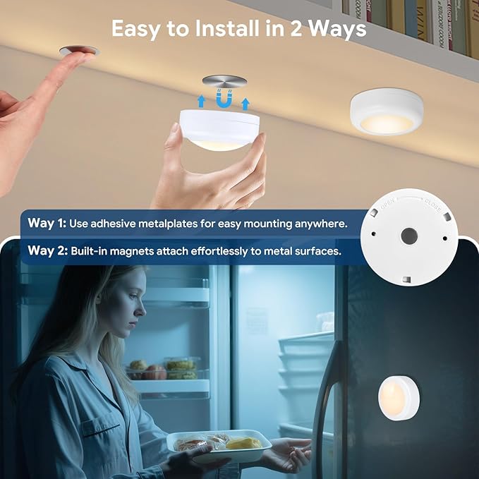 Yiliaw LED Puck Lights with Remote Control, AA Battery Operated, 12 Color Closet Under Cabinet Lighting, Push Tap Light, Under Counter for Kitchen, 3 Pack, White-Magnetic