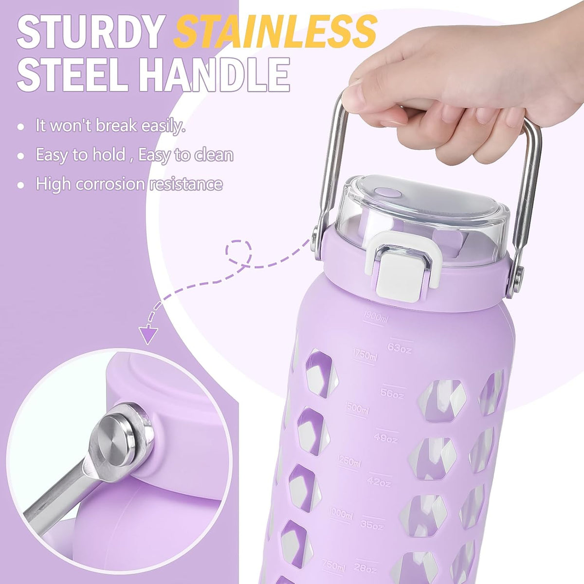 MUKOKO 64oz Glass Water Bottles with Straw and Lid,Half Gallon Water Bottle with Time Marker,Large Glass Water Jug with Silicone Sleeve and Stainless Steel Handle-Purple