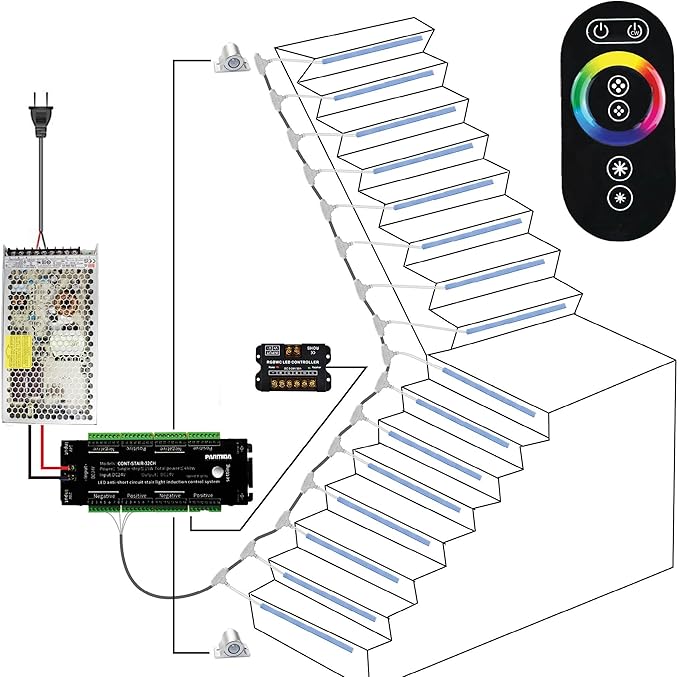 PARMIDA Intelligent Motion Sensor LED Indoor Stair Lighting Kit, RGB & 5CCT Color Selectable, 24" Aluminum Light Bars, Staircase Cascading Style, Remote Control, Dimmable, UL Driver, 100W - 10 Steps