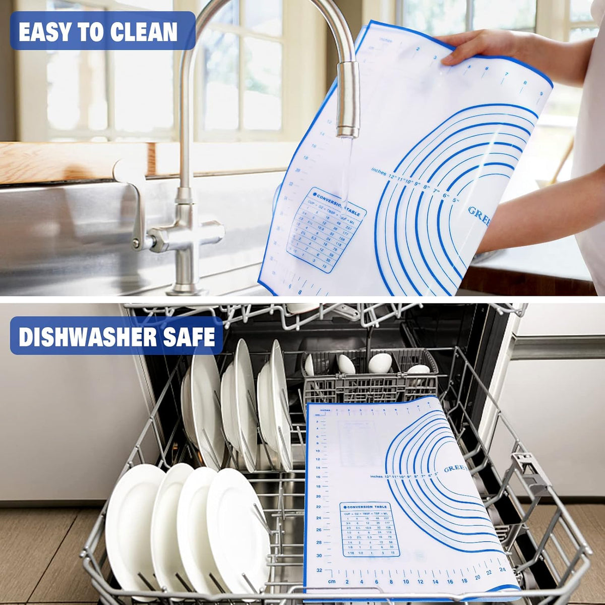 Silicone Pastry Mat Extra Thick Large Non Stick Baking Supplies Kitchen Counter Cooking Rolling Dough Sheet Pie Crust Sourdough Bread Oven Liner with Measurement (L-16''(W)*24''(L), 2#Blue)