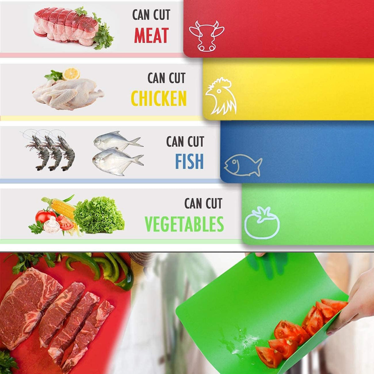 Cutting Board Mats Flexible Plastic Colored Mats with Food Icons, Fotouzy BPA-Free, Non-Porous, Anti-skid back and Dishwasher Safe, Set of 7 Rainbow - 7 Pieces