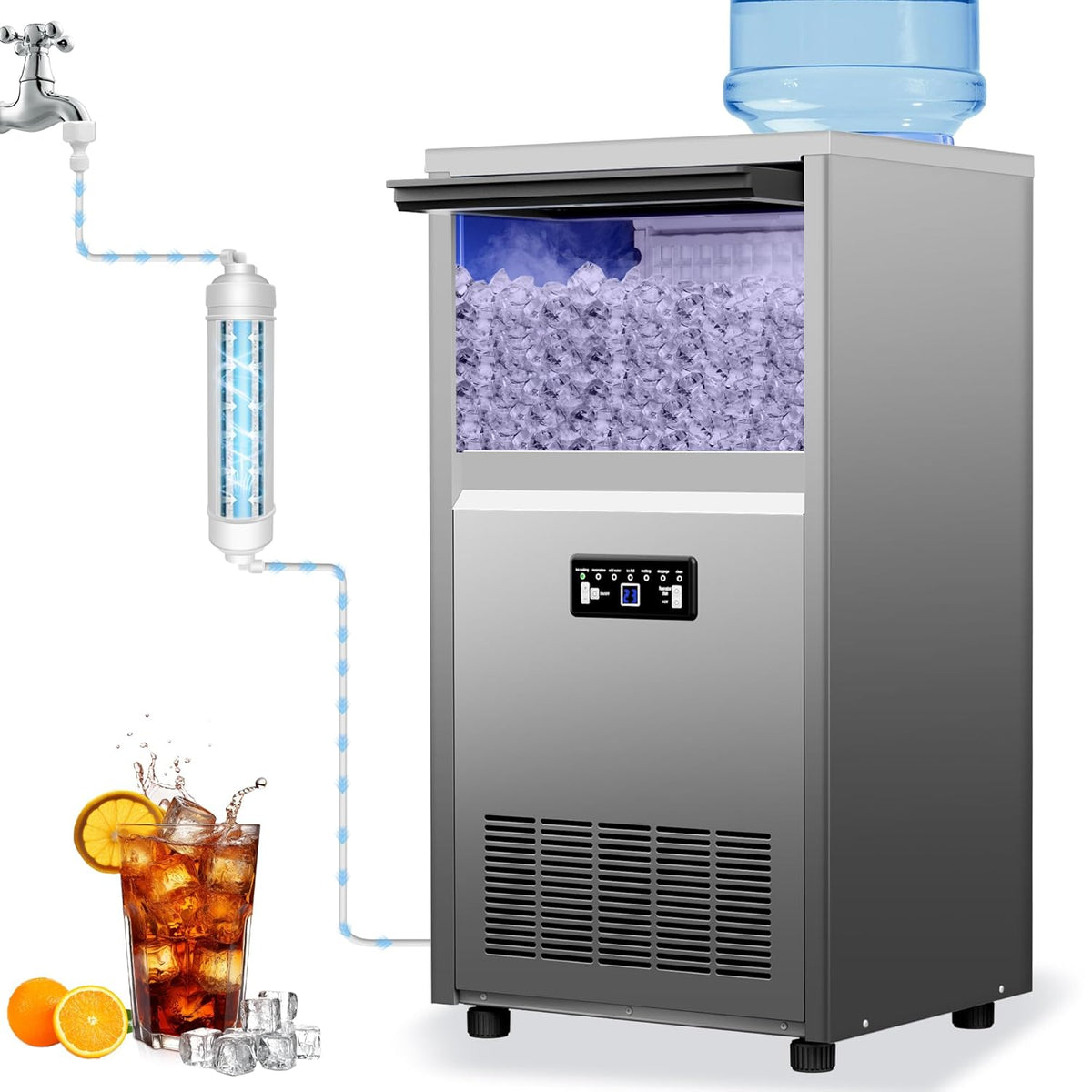 Commercial Ice Maker Machine 150lbs/24H with 30lbs Storage, Stainless Steel Undercounter/Freestanding Ice Machine 50Ice/Cycle 2 Water Inlet Modes Self-Cleaning for Homes Restaurants Bars