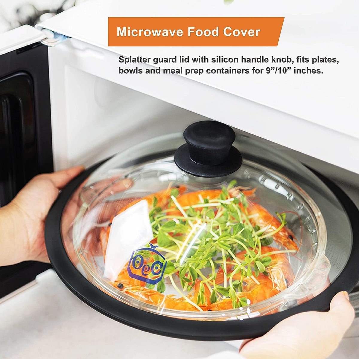 OEC Vented Splatter Guard Microwave Glass Cover with Easy-Grip Handle - 100% Food Grade Tempered Glass & BPA Free Silicone Rim. Compatible with Plates, Dishwasher Safe - 12.5” Diameter – Black