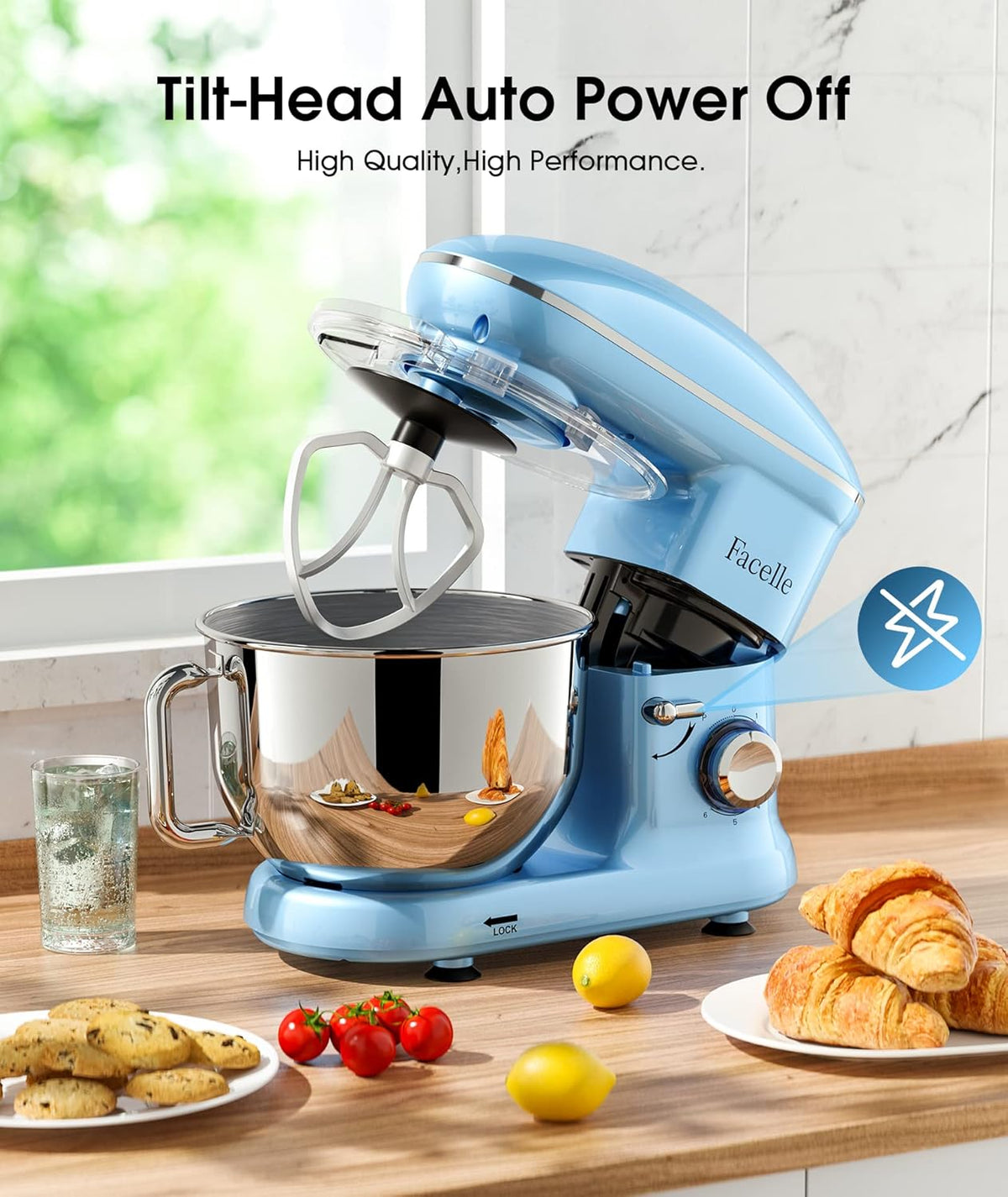 Facelle Stand Mixer, Electric Kitchen Mixer, 660W 6 Speed Tilt-Head stand mixer with Pulse, Attachments include 6.5QT Bowl, Dishwasher Safe Beater,Dough Hook,Whisk for Dough,Baking,Cakes,Cookie - Blue