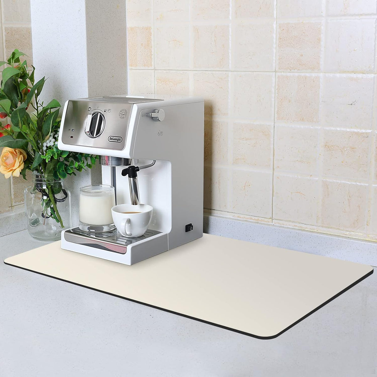 ZLR Coffee Mat - 16" x 24" Extra Large Kitchen Hide Stain Absorbent Dish Drying Mat for Countertop - Easy to Clean Coffee Bar Mat for Espresso Machine and Spill Protection - Creamy