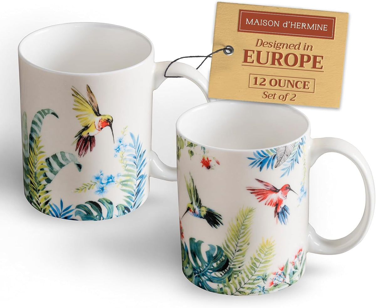 Maison d' Hermine Coffee Mug with Handles Fine Bone China Mugs Pack of Two Tea Cups for Hot Beverages Cappuccino Latte Home Restaurant Office Perfect for Gift (Tropiques, 12 Ounce)