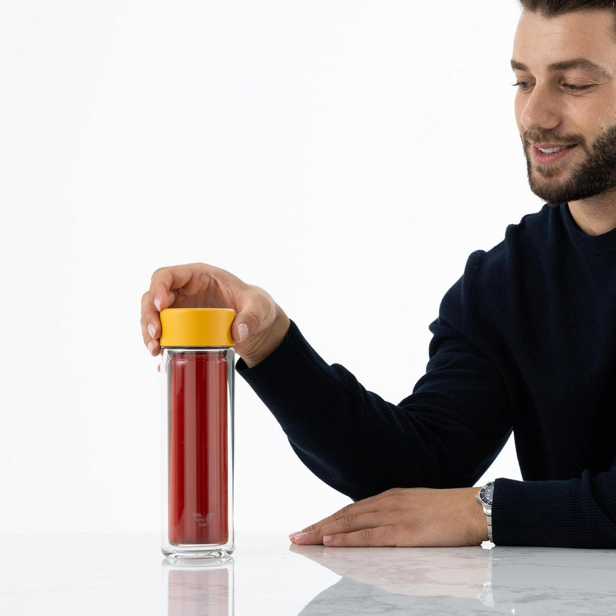 Glass Multi Tea Infuser Bottle 14oz - Double Wall Borosilicate Glass Flask | No Plastic Touches Contents | Perfect for Office or Home - Yellow