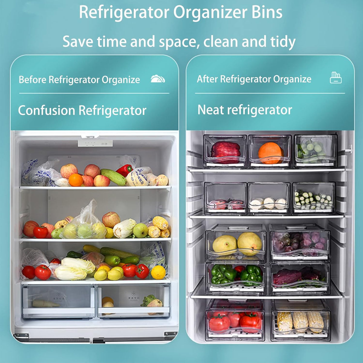 Diskary Fridge Organizer, Stackable Refrigerator Organizer Bins, Reusable Food Storage Containers, Fridge Drawer Organizer in Home Kitchen, Barbecue Shop, Restaurant, BPA-Free (2 Drawers, Medium)