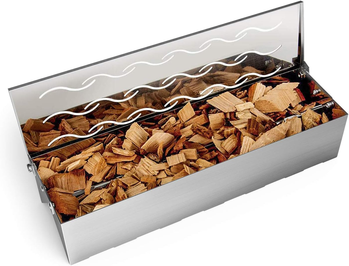 Skyflame Wood Chip Smoker Box, Stainless Steel Double V-shape BBQ Smoke Box with Hinged Lid for Charcoal & Propane Gas Grill, 12.5"(L) x 3.3"(W) x 2.5"(H), U.S. Design Patent