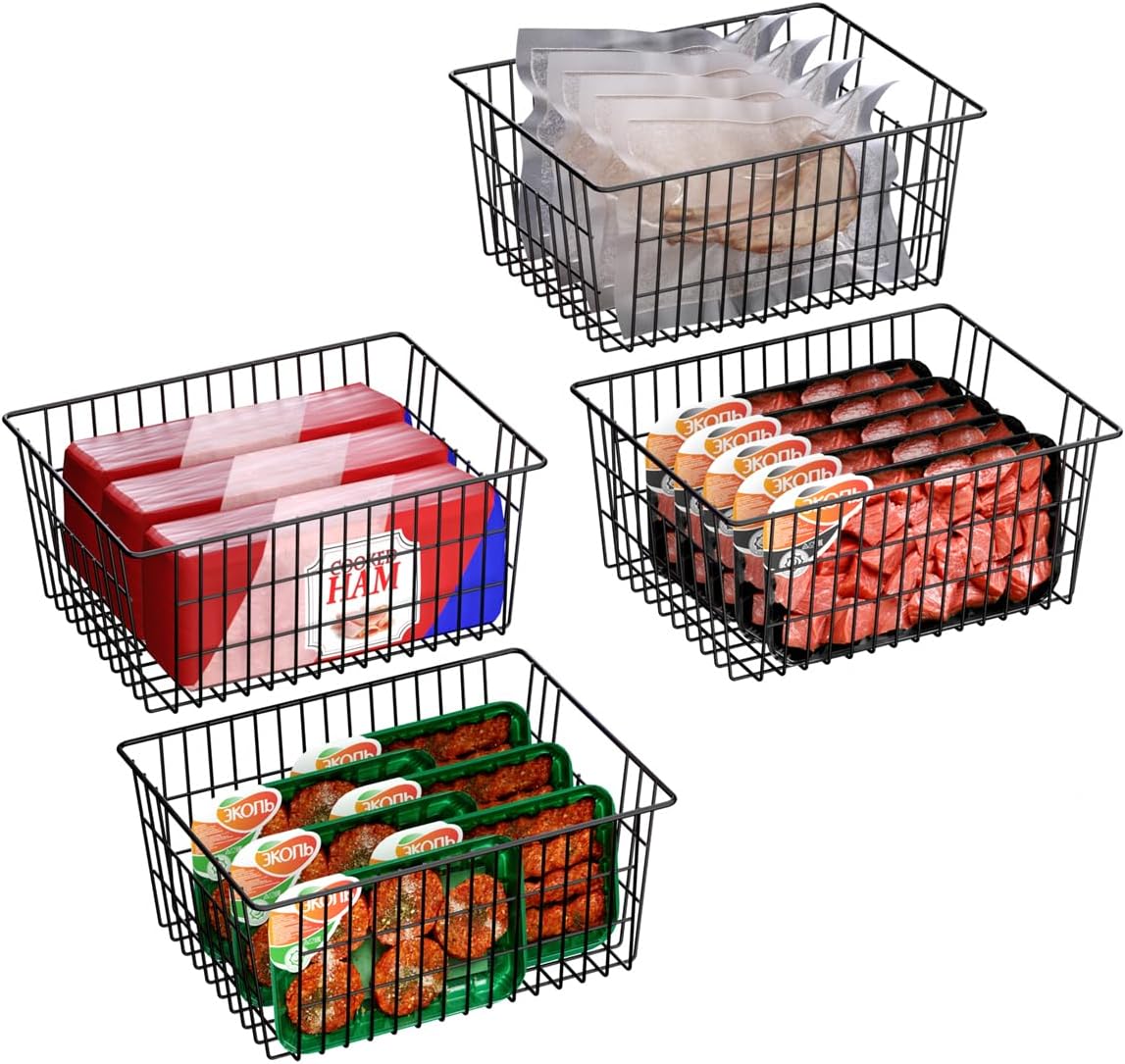 SANNO Large Freezer Baskets Metal Storage Organizer Bin Basket Wire Storage Basket for Kitchen Pantry Bathroom Large Metal Farmhouse Food Fruit Produce Organizer Bins,black,3