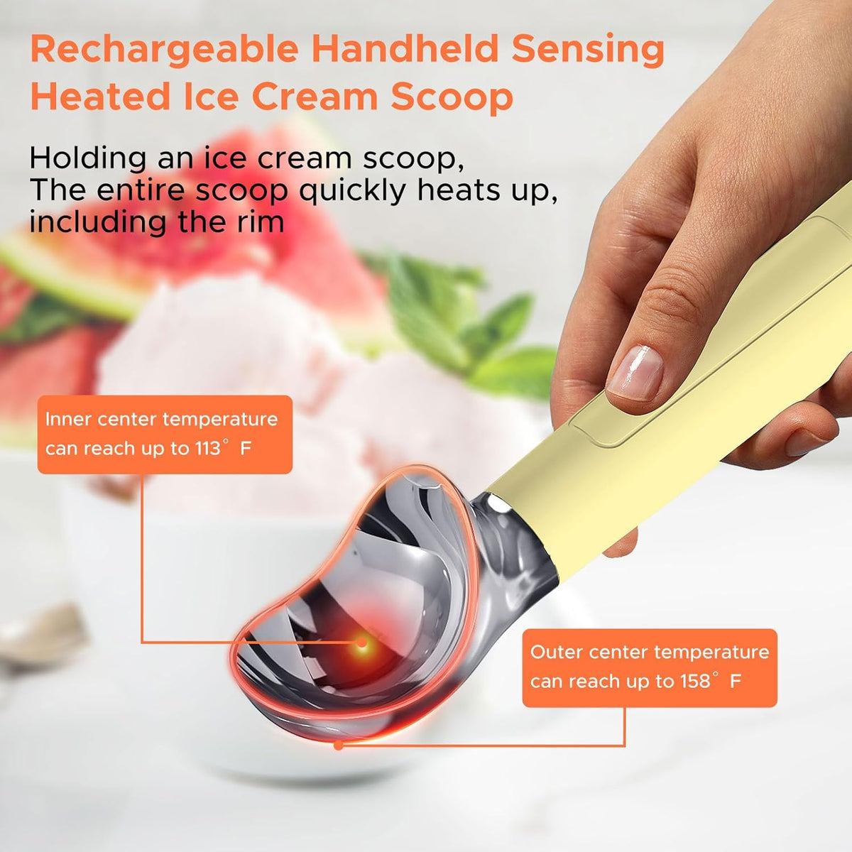 NEWEST Heated Ice Cream Scoop, Rechargeable Electric Warming Scooper with LED Display, Heats to 158°F for Hard Ice Cream, IP67 Waterproof, Easy for Seniors & Kids (Yellow)