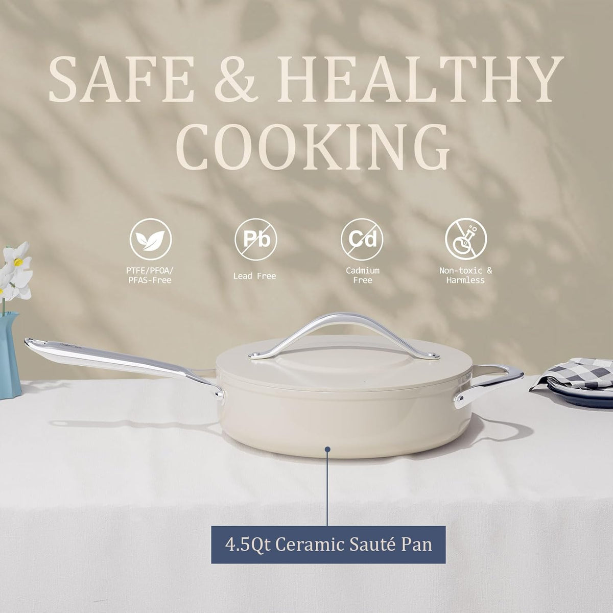 Nonstick Ceramic Sauté Pan with Lid (4.5 qt, 11"), Deep Frying Pan for All Cooktops - Non Toxic, PTFE/PFOA/PFAS Free, Dishwasher & Oven Safe up to 500°F - with Stay Cool Handle - Cream