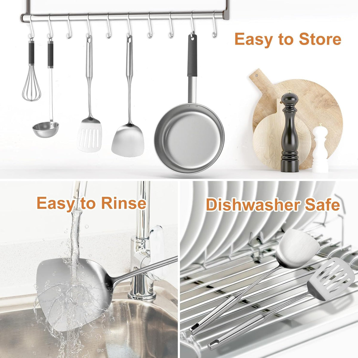 304 Stainlss Steel Kitchen Utensils Set, 2 Pcs Long Metal Utensils Set with spatula, slotted spatula turner (Dishwasher Safe)