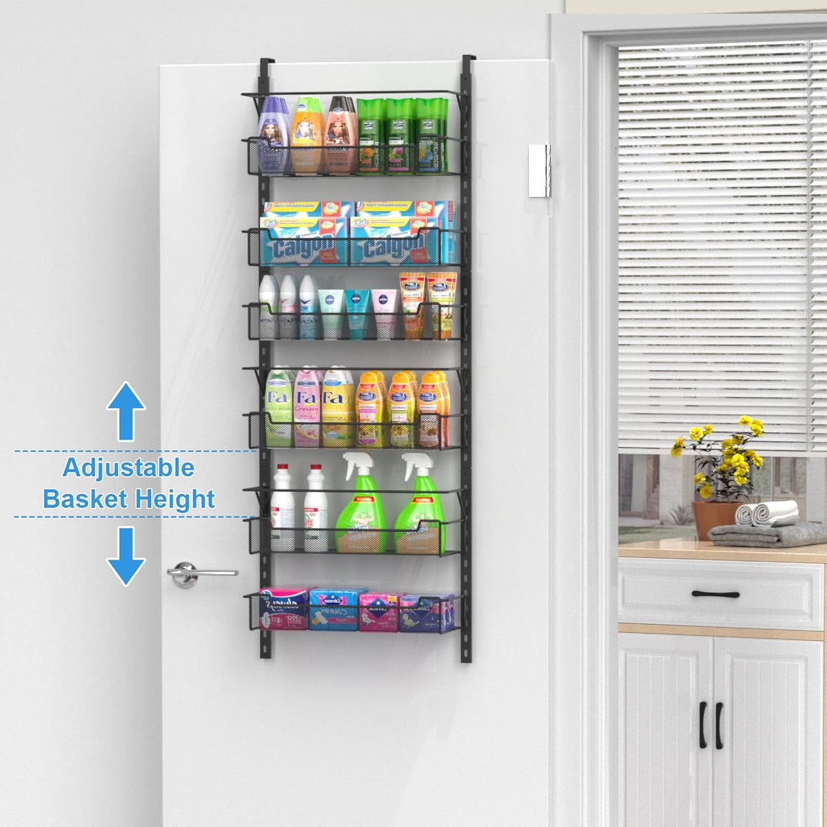 Over the Door Pantry Organizer, 6-Tier Over the Door Organizer with Adjustable Basket, Pantry Door Organization for Pantry Kitchen Storage Room Spice Rack, Black