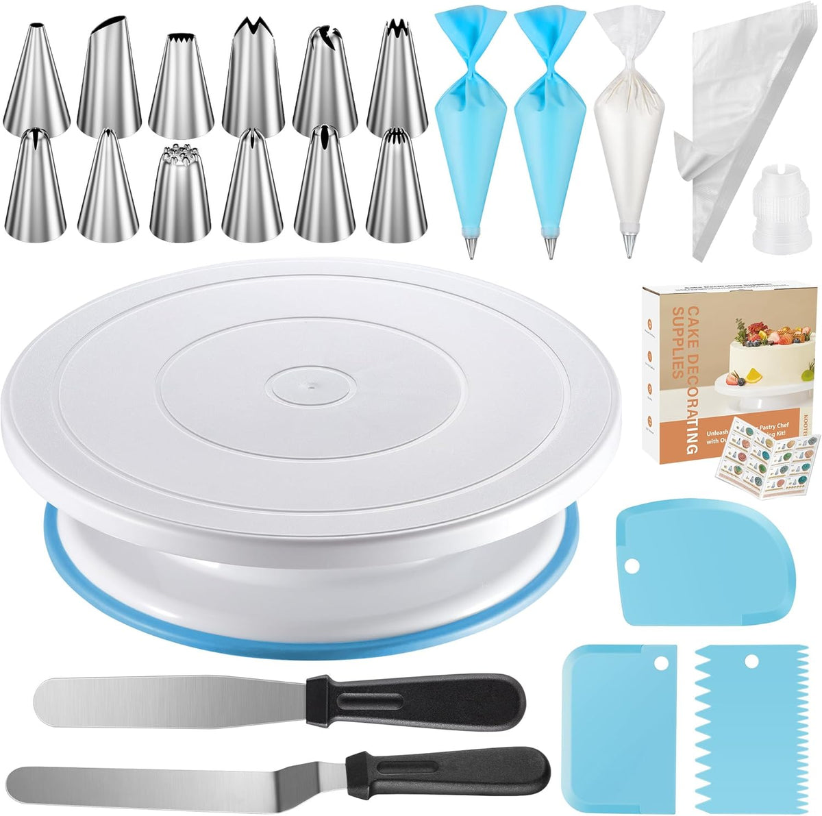 Kootek 71PCs Cake Decorating Kit, Baking Supplies Tools - Includes Cake Stand Turntable, 12 Icing Piping Tips, 2 Frosting Spatulas, 3 Scrapers, 50+2 Piping Bags, Coupler, Video Tutorial, Booklet