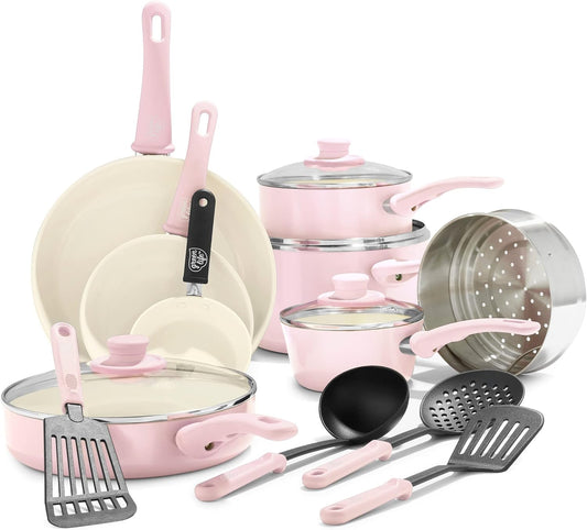 GreenLife 16 Piece Nonstick Cookware Set, Soft Grip Non-Toxic PFAS-Free Ceramic Pots & Pans, Dishwasher & Oven Safe, Frying, Sauce, Saute, Utensils, Glass Lids, Stay-Cool Handles, Wobble Free, Pink