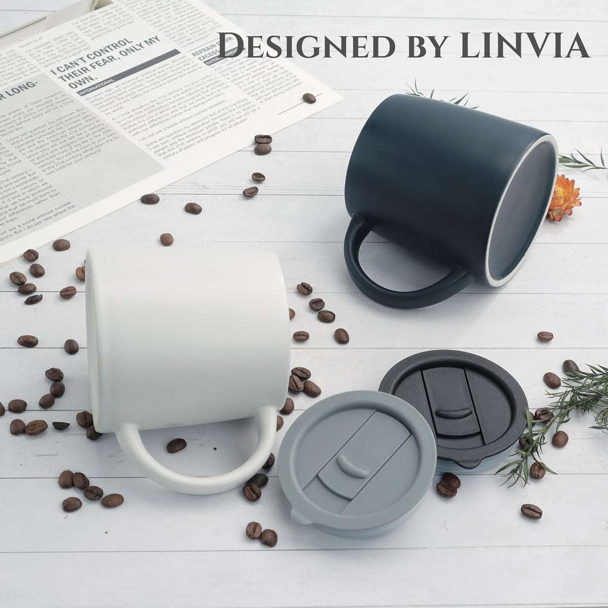 Classic Mug, 14 oz Large Coffee Mug with Handle, Ceramic Porcelain Tea Cup, Smooth Matte (Sliding Lid, Navy Blue)