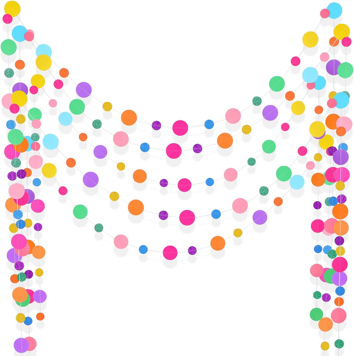 Outus 5 Pieces Colorful Dots Paper Garland Round Glitter Garland Hanging Confetti Streamers Backdrop Decoration for Birthday Classroom Candy Sprinkles Trunk or Treat Party (Rainbow)