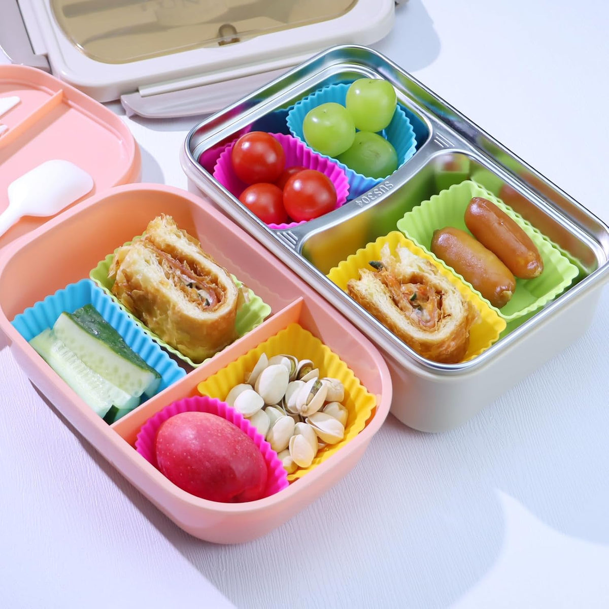 24Pack Silicone Muffin Cups, Reusable Cupcake Liners Molds for Baking, 3 Shapes Lunch Box Bento Dividers-Round, Square, and Rectangular (Colorsful, Large Size)