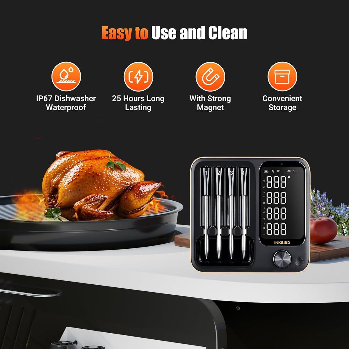 4-Probe WiFi Wireless Meat Thermometer with 360°Readable LCD Standalone Base, WiFi and Bluetooth 5.3 Unlimited Range, IPX8 Waterproof Food Kitchen Thermoemter for BBQ, Grill, Smoker, Oven, Rotisserie