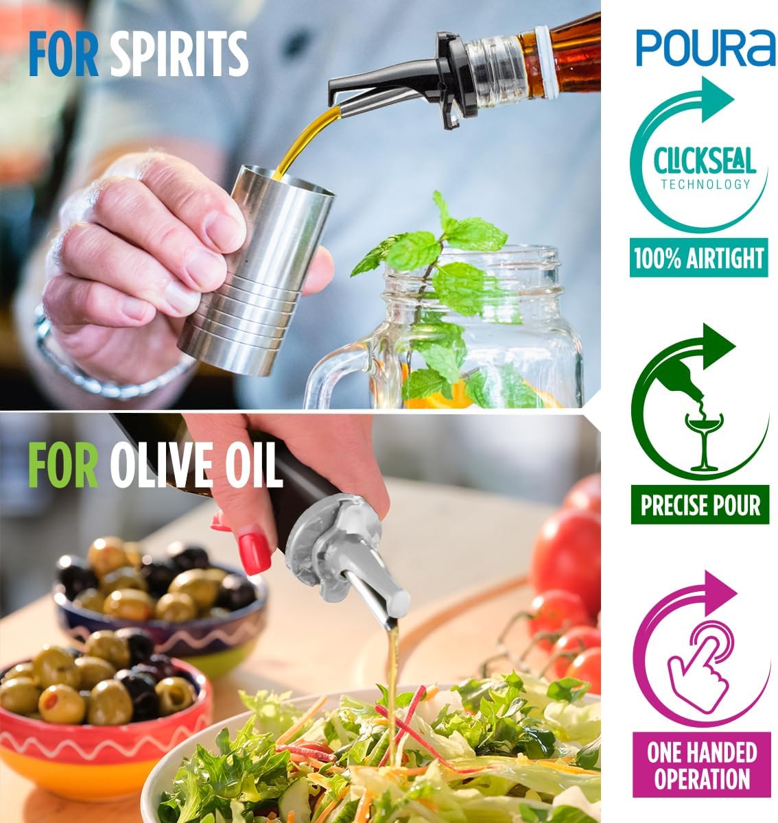3-in-1 Liquor Pour spout with Built-in Fruit Fly Protection - Dishwasher Safe Hygienic Alcohol Speed Spouts - Also for Olive Oil, Juice, Syrup. Silver 2 Pack