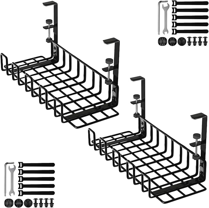 Under Desk Cable Management Tray, 16” No Drill Cord Organizer with Clamps for Wire Management, 4mm Sturdy Wire Desk Cable Organizer Tray, Cable Management Rack for Home & Office (Pack of 2)