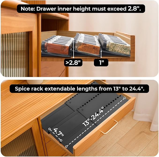 4-Tier Spice Drawer Organizer - 4 Pack Expandable Seasoning Rack (13" to 24.4") for Kitchen Drawers, Organization Insert Tray (Jars Not Included)