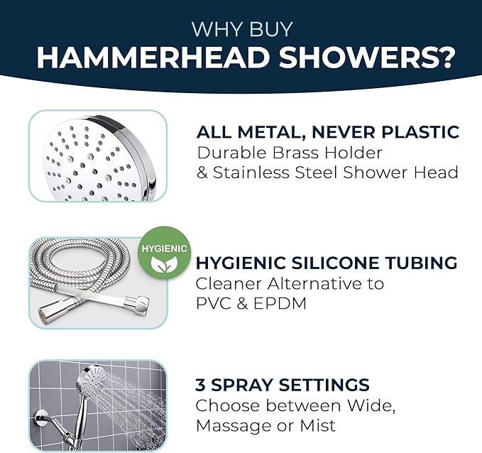HammerHead Showers® Solid Metal 3-Spray Handheld Shower Head with Long Hose and Holder - CHROME - 2.5 GPM High Pressure Shower Head with Handheld Sprayer - WIDE, MASSAGE, and MIST Sprays