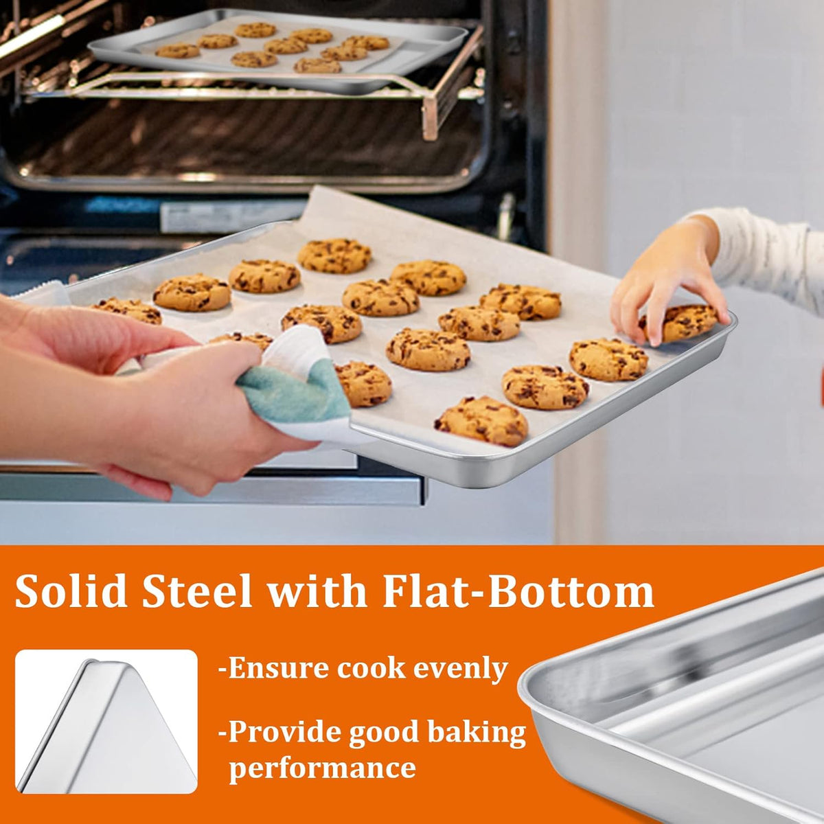 E-far Baking Cookie Sheet Set of 2, 12.4”x9.7” Stainless Steel Baking Sheet Pan for Oven with 50 Parchment Paper, Rectangle Baking Tray for Cooking Roasting, Rust Free & Heavy Duty, Dishwasher Safe