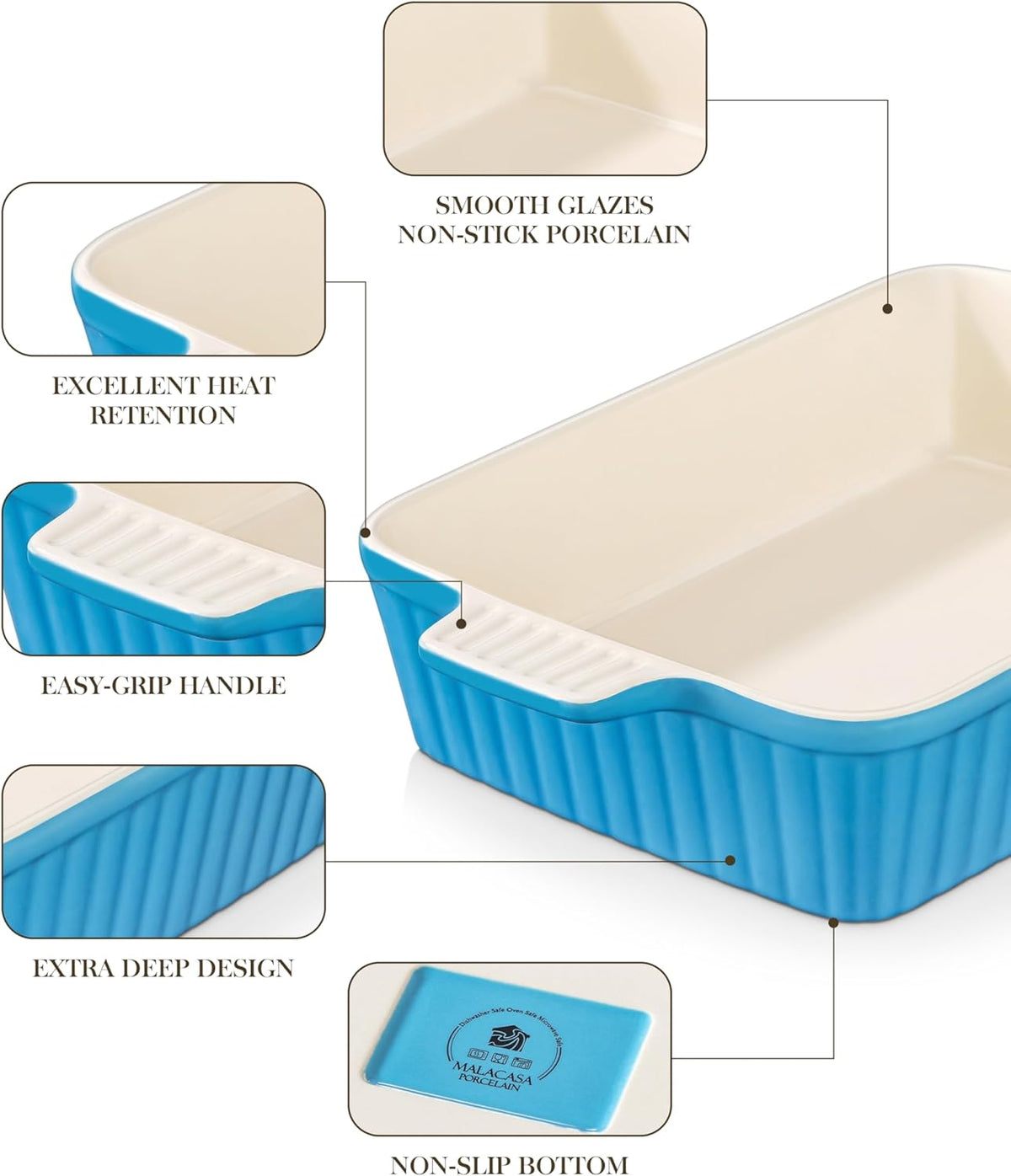 MALACASA 4.4 QT Baking Dish, 9x13 Large Casserole Dish for Oven, Ceramic Baking Pan, Rectangular Lasagna Pan Deep with Handles for Baking, Durable Microwave Oven Safe, Blue, Series BAKE-BAKE