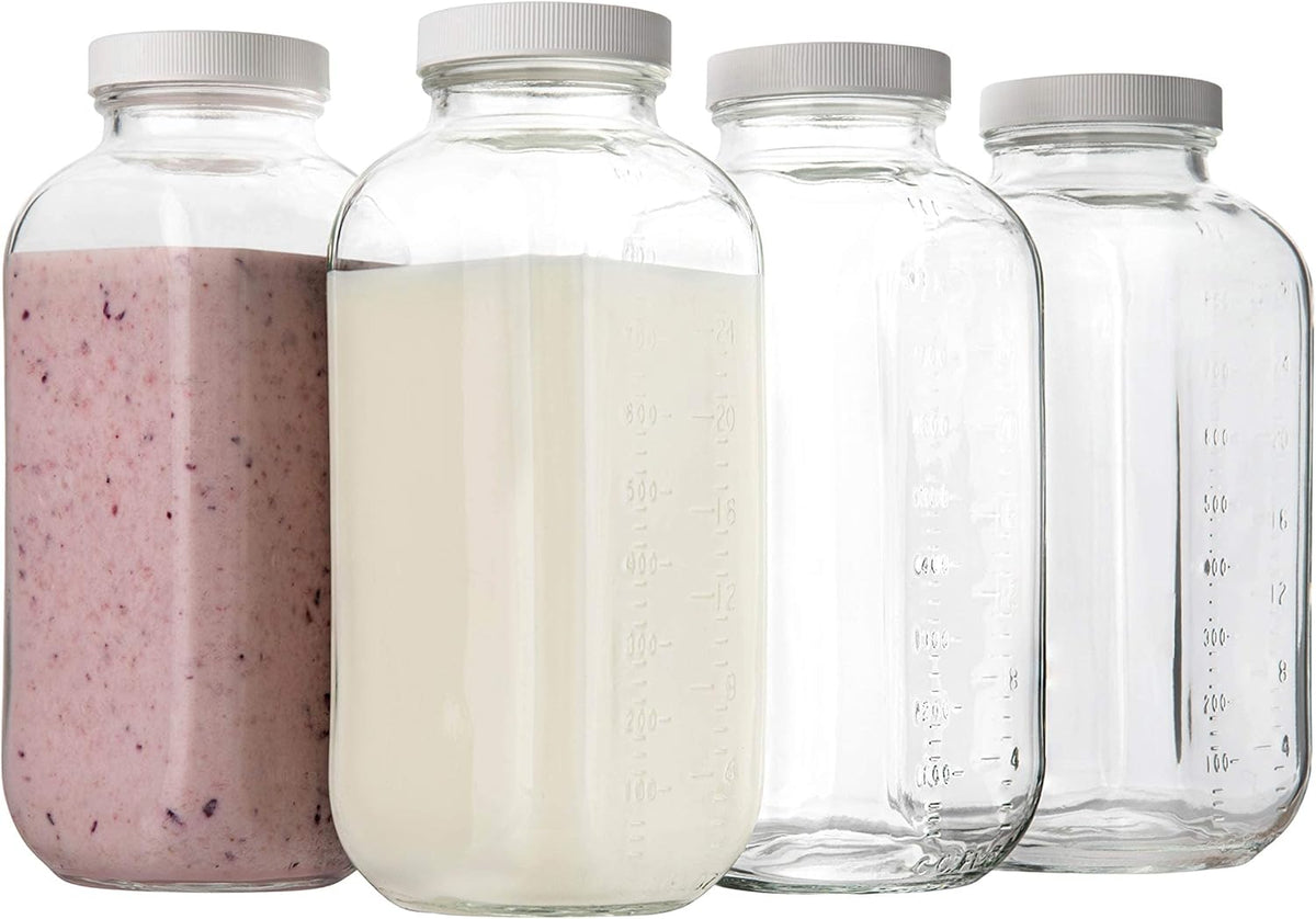 kitchentoolz 32 oz Square Glass Bottles with Plastic Airtight Lids – 4 Pack for Milk, Smoothies, Water, Kombucha, and Broth Storage