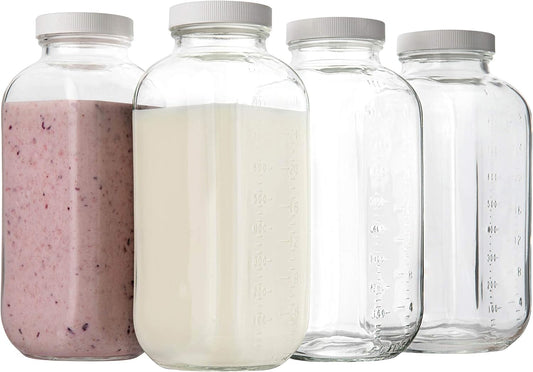 kitchentoolz 32 oz Square Glass Bottles with Plastic Airtight Lids – 4 Pack for Milk, Smoothies, Water, Kombucha, and Broth Storage