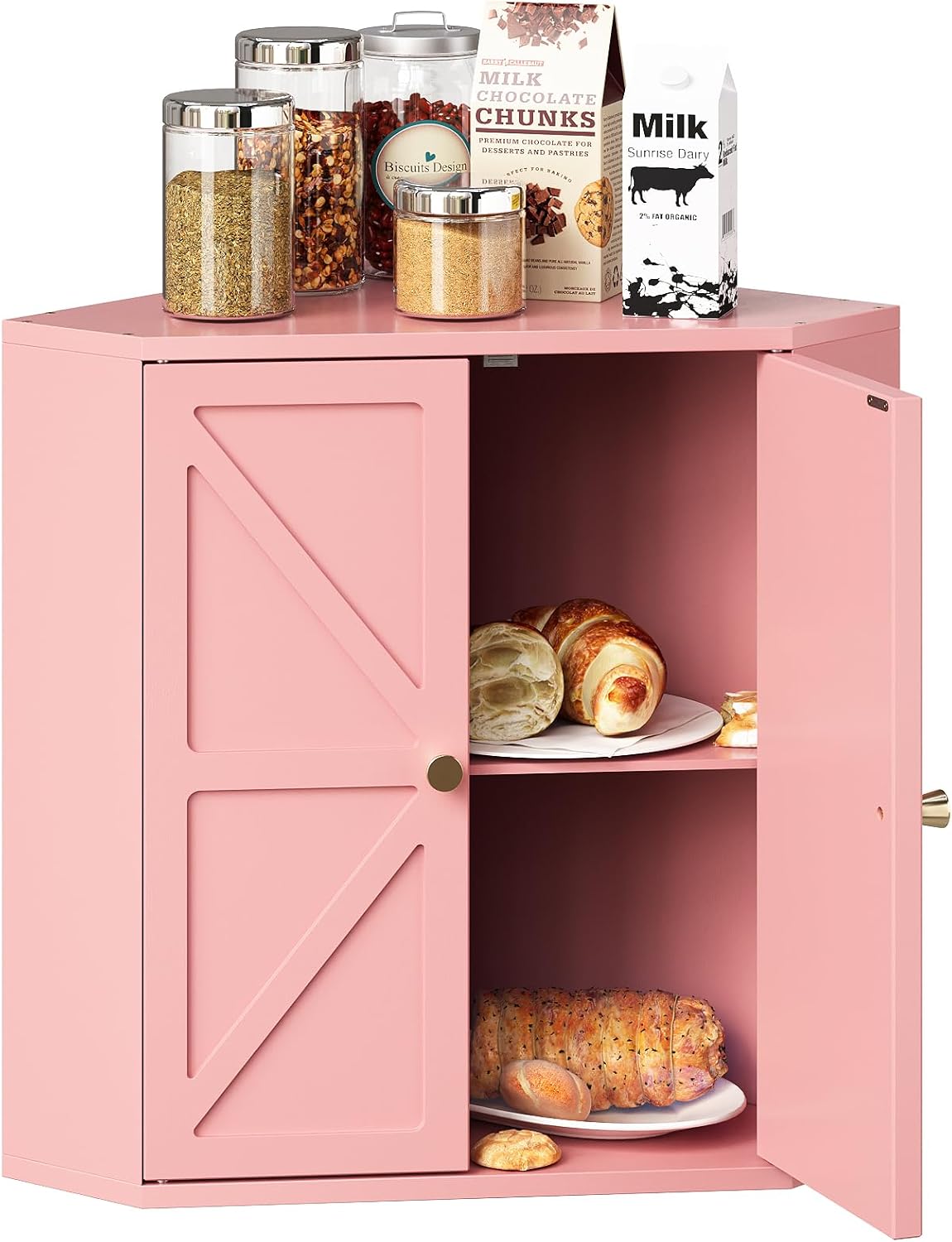 Corner Bread Box for Kitchen Counter Double Layer Bamboo Bread Storage Container Large Capacity Bread Storage Bin Farmhouse Breadbox Organizer (Pink)