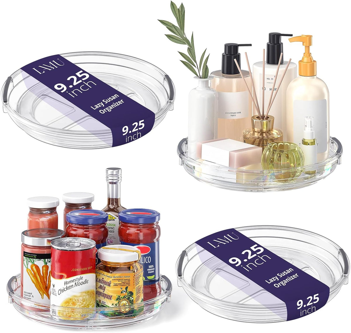 LAMU 4 Pack 9.25in Lazy Susan Organizer, Clear Lazy Susan Turntable for Cabinet, Refrigerator, Table Top, Kitchen, Bathroom, Pantry Organizers and Storage