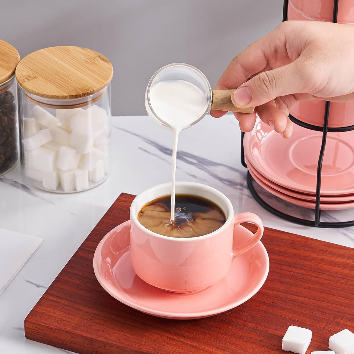 YOLIFE 8oz Porcelain Stackable Cappuccino Cups with Saucers and Metal Stand Set of 4, Coffee cups for Espresso, Specialty Coffee Drinks, Latte, Americano and Tea - Pink