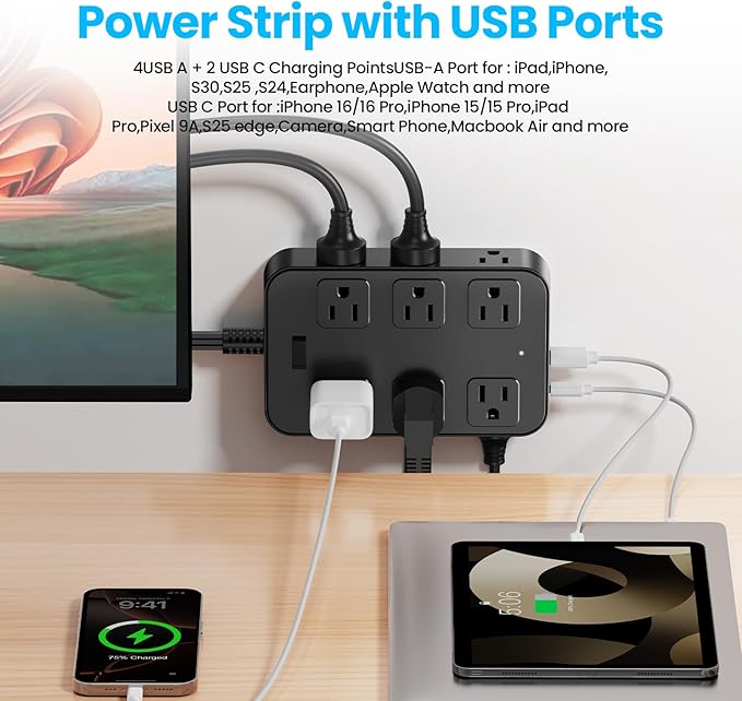 Flat Plug Power Strip Surge Protector with 12 AC Outlets 6 USB Ports 3 Side Multi Plug Outlet Extender 10 Ft Extension Cord for Home Office Kitchen Dorm Wall Desk Charging Station ETL Listed