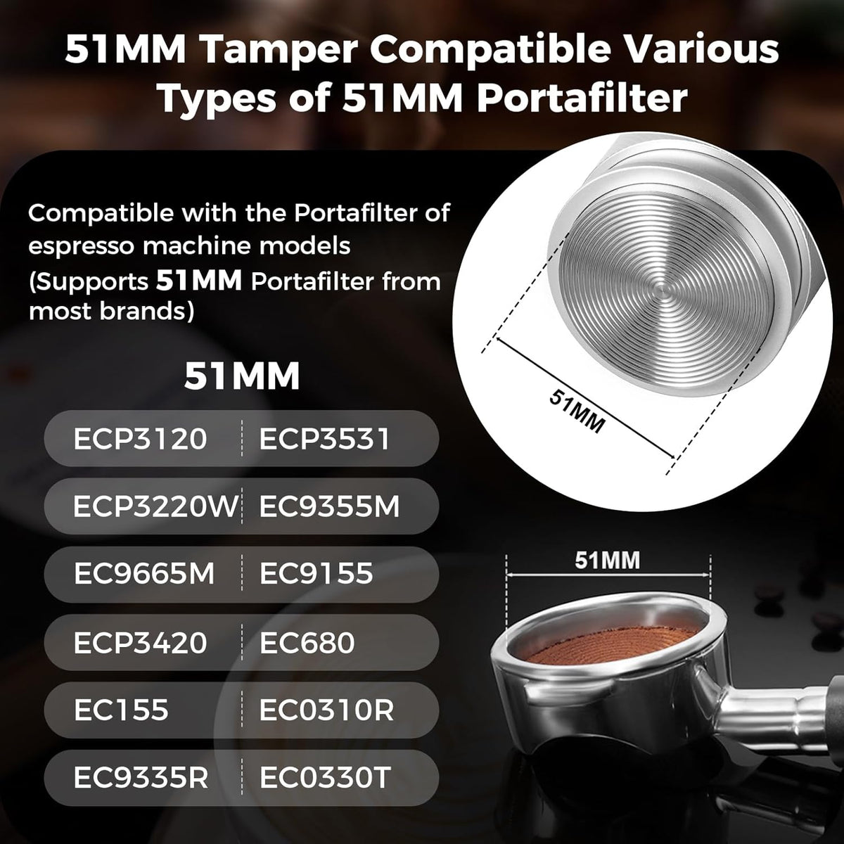IKAPE Coffee Products, 51MM Espresso Tamper, Premium Barista Coffee Calibrated Tamper with Spring Loaded, 100% Stainless Steel Tamper Compatible with All 51MM Bottomless Portafilter (Silver)