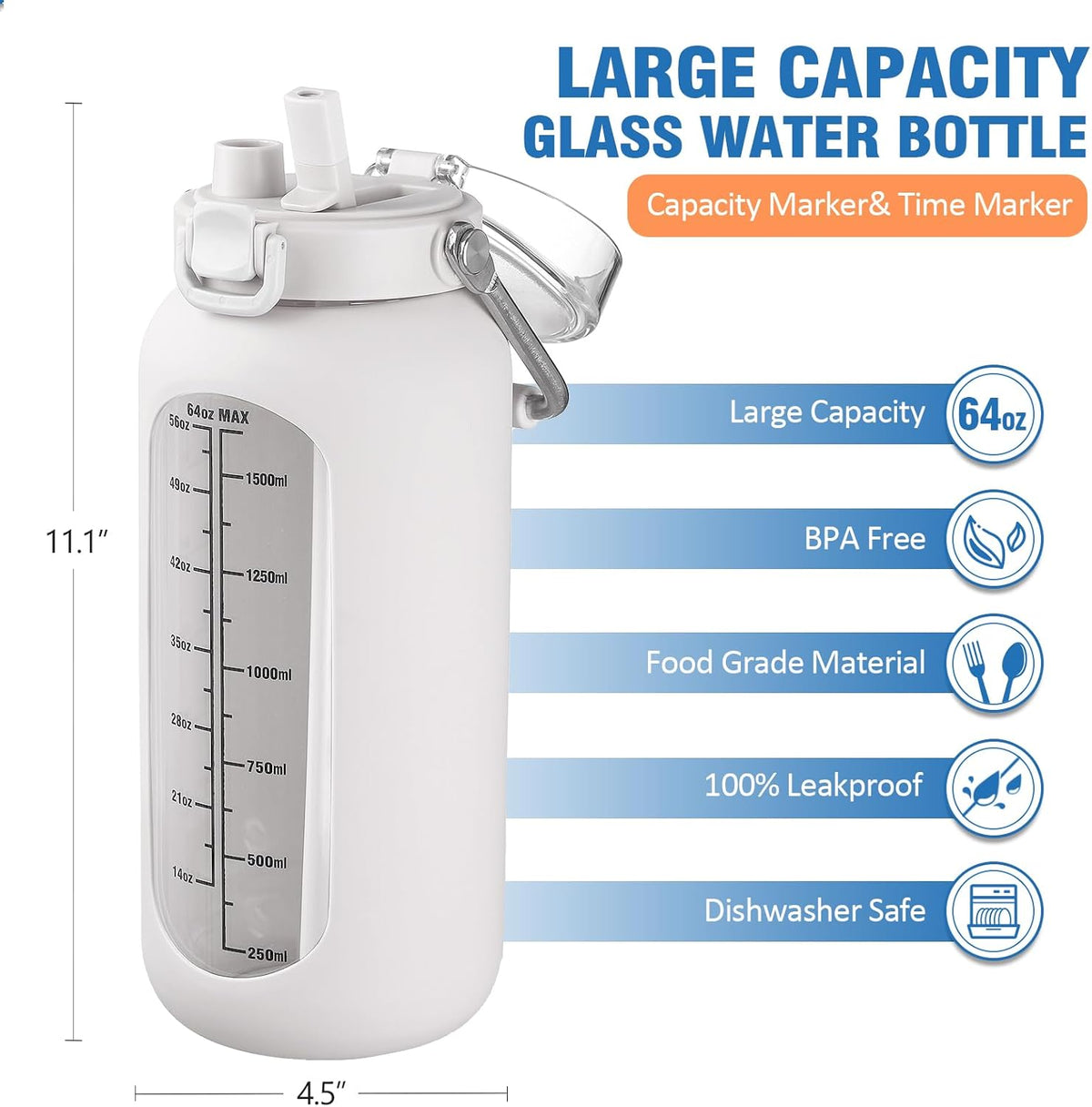 kytffu 64 oz Glass Water Bottle with Straw and Stainless Steel Handle, Half Gallon Water Bottle with Silicone Sleeve and Time Marker, 2L Large Glass Bottle for Gym, School, Travel, Leak-proof (White)