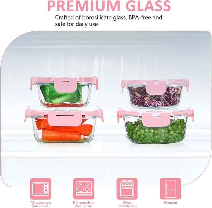 KOMUEE 24 Pieces Glass Food Storage Containers Set, Meal Prep Containers-Stackable Airtight Glass Storage Containers with lids,Freezer, Microwave, Oven Safe,Pink