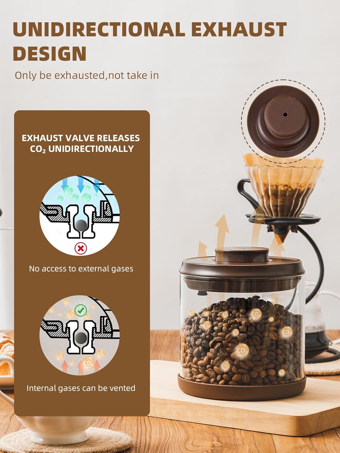 Coffee Canister, 2000ml Borosilicate Glass Airtight Coffee Containers for Ground Coffee with CO2-Release Valve - Large, 21 oz, Brown