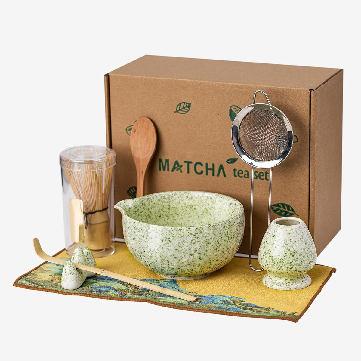 Japanese Matcha Whisk Set,Ceramic Matcha Set Includes Bowl with Spout,Matcha Sifter, Bamboo Whisk and Holder for Matchas Tea,2 Bamboo Scoop, Scoop Rest,Tea Towel -8 Pcs Kit Gift for Matcha Lovers