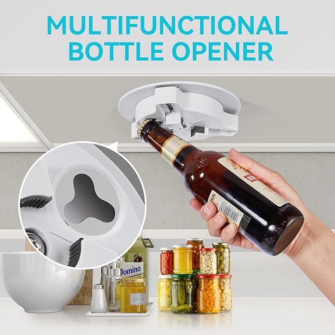 Jar Opener Bottle Opener for Seniors with Arthritis - Under Cabinet Jar Opener for Weak Hands, Rotary Lid Opener, Easy Twist-Off Lids for Jars & Bottles, Original Kitchen Gadgets (White)