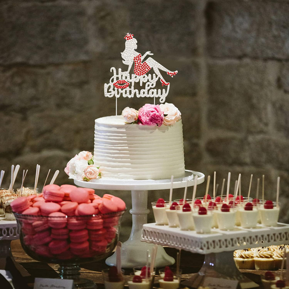 LINGTEER Happy Birthday Crown Queen Lady Rhinestone Cake Topper - Cheers to Makeup Spa Birthday Party Cake Centerpieces Decorations Gift Sign - Red.