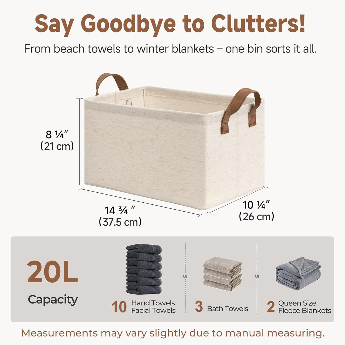 StorageWorks Storage Bins, Shelves Baskets for Organizing, Fabric Closet Organizers with Handles, Metal Frame, Beige（Cotton-linen）, 2-Pack