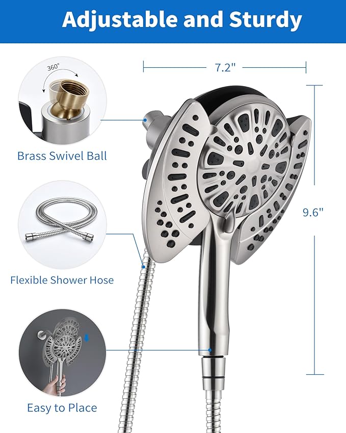 2-in-1 Shower Head with Handheld Combo: Rainfall Shower Head & Detachable Shower Head Use Together or Alone, 9 Spray Settings Showerhead with Hose Nickel, Shower Trim Systems