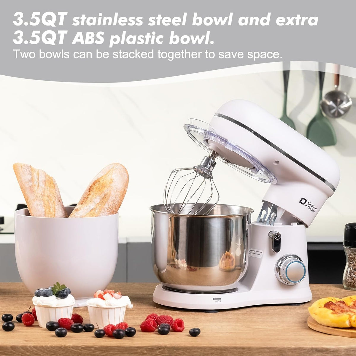 Kitchen in the Box Stand Mixer, 3.5QT Two Bowls Small Kitchen Electric Mixer, 10-Speed Portable Lightweight with Matte Finish, Egg Whisk, Dough Hook, Beater (Frost White, 3.5QT)