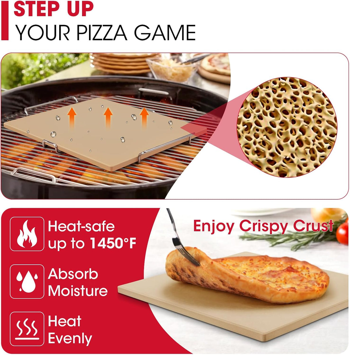 Unicook Pizza Stone for Oven and Grill, 16 x 14 Inch Rectangular Baking Stone for Bread, Cordierite Pizza Pan for Baking Crispy Bread and Cookies, Includes Carry Rack and Dough Scraper