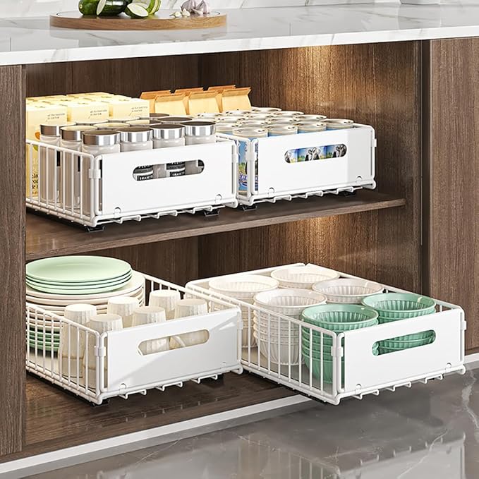 Pull Out Cabinet Organizer Slide Out Drawer Storage Shelves Cupboard Organiser Sliding Cabinet Basket for Kitchen No Drilling and Nailing (White, 2Piece 9.8" W X 15" D X 3.9" H)