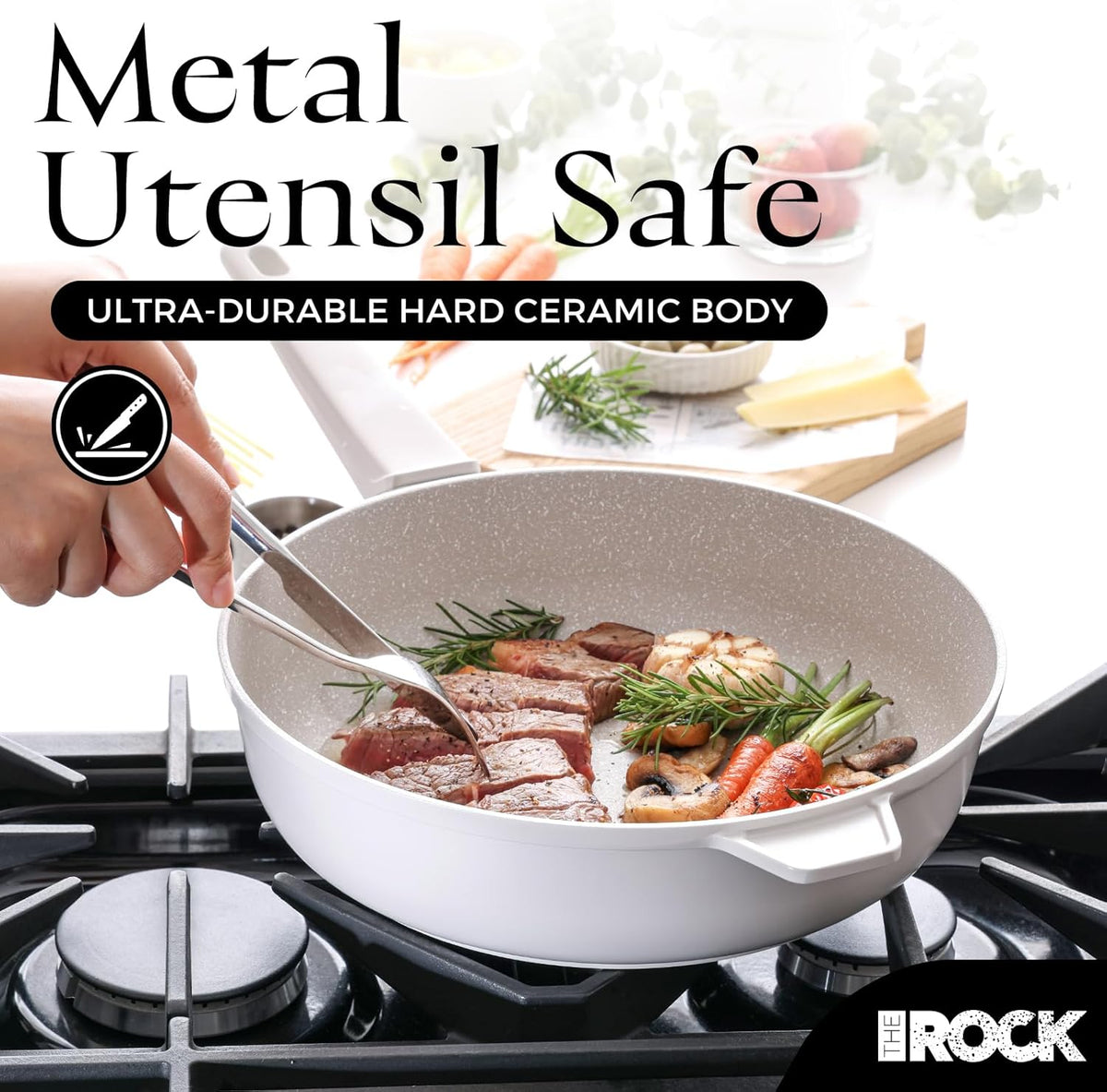 THE ROCK SOHO 4 Qt Nonstick Deep Frying Pan Skillet with Glass Lid, 11 Inch Large Deep Frying Pan, Ceramic Non Toxic Skillet with Heat-Resistant Handle, PFOA & PFAS Free, Oven & Dishwasher Safe, Cream