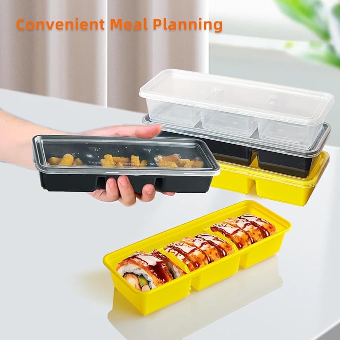 Disposable Food Storage Containers with Lids Meal Prep 3-Compartment To Go Take Out Plastic Black, Sturdy Leakproof Food Safe, Microwave Freezer Dishwasher Safe (10, 3 compartment)